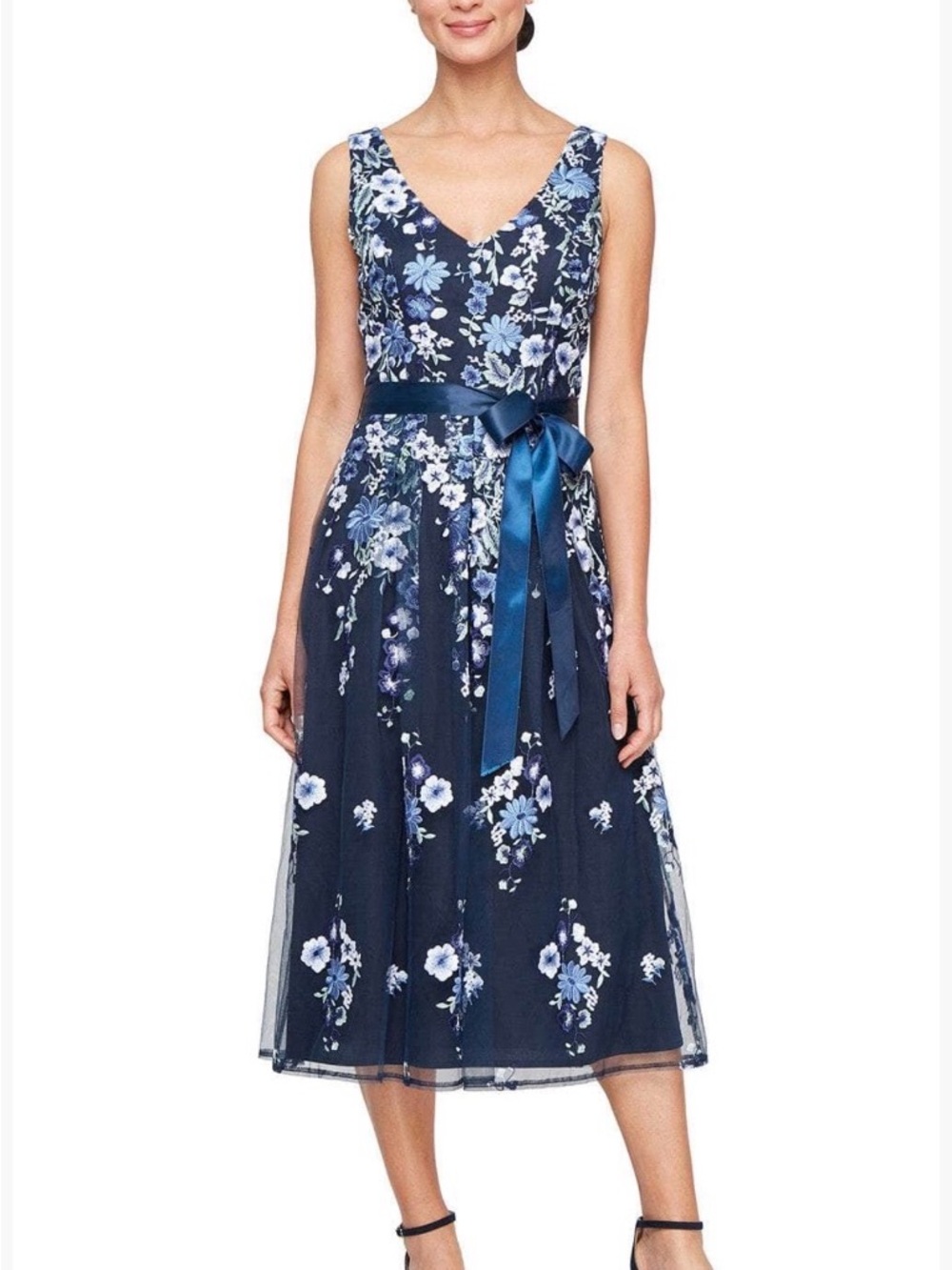 Alex Evenings Navy and Light Blue Floral V-Neck Midi Dress with Satin Sash